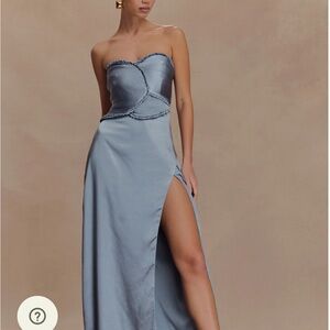 Meshki Satin Maxi Dress With Ruched Petals - Frosted Blue

Regular price $195